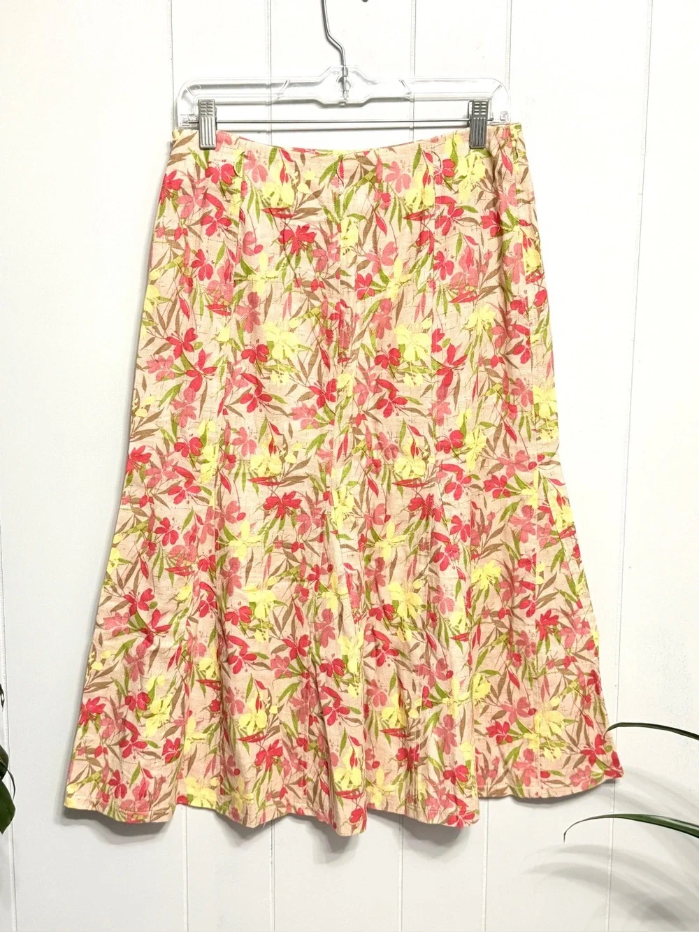 Linen & Cotton Floral A-Line Midi Skirt - Pink with Yellow & Red Flowers
